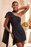 One Shoulder Black Bodycon Mini Cocktail Dress with Bow