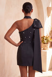 One Shoulder Black Bodycon Mini Cocktail Dress with Bow
