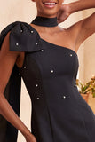 One Shoulder Black Bodycon Mini Cocktail Dress with Bow