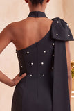 One Shoulder Black Bodycon Mini Cocktail Dress with Bow