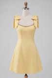 Pink A-Line Beaded Bowed Straps Cute Graduation Dress with Lace Up Back