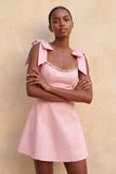 Pink A-Line Beaded Bowed Straps Cute Graduation Dress with Lace Up Back