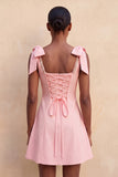 Pink A-Line Beaded Bowed Straps Cute Graduation Dress with Lace Up Back