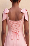 Pink A-Line Beaded Bowed Straps Cute Graduation Dress with Lace Up Back