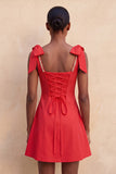 Pink A-Line Beaded Bowed Straps Cute Graduation Dress with Lace Up Back