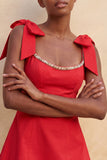 Pink A-Line Beaded Bowed Straps Cute Graduation Dress with Lace Up Back