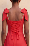 Pink A-Line Beaded Bowed Straps Cute Graduation Dress with Lace Up Back