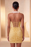 Halter Red Ruched Mini Bodycon Party  Dress with Lace Up Back