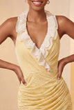 Halter Red Ruched Mini Bodycon Party  Dress with Lace Up Back
