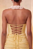 Halter Red Ruched Mini Bodycon Party  Dress with Lace Up Back