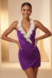 Halter Red Ruched Mini Bodycon Party  Dress with Lace Up Back