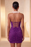 Halter Red Ruched Mini Bodycon Party  Dress with Lace Up Back