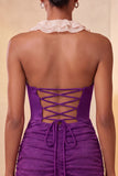 Halter Red Ruched Mini Bodycon Party  Dress with Lace Up Back
