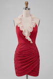 Halter Red Ruched Mini Bodycon Party  Dress with Lace Up Back