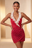 Halter Red Ruched Mini Bodycon Party  Dress with Lace Up Back