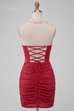 Halter Red Ruched Mini Bodycon Party  Dress with Lace Up Back