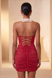 Halter Red Ruched Mini Bodycon Party  Dress with Lace Up Back