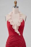 Halter Red Ruched Mini Bodycon Party  Dress with Lace Up Back
