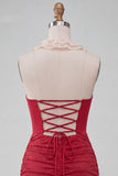 Halter Red Ruched Mini Bodycon Party  Dress with Lace Up Back
