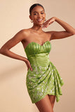 Green Sweetheart Ruched Bodycon Mini Cocktail Dress with Lace Up Back