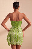Green Sweetheart Ruched Bodycon Mini Cocktail Dress with Lace Up Back