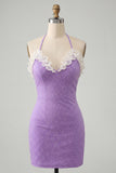 Halter Beaded Light Purple Bodycon Ruffled Cocktail Dress with Lace Up Back