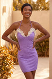 Halter Beaded Light Purple Bodycon Ruffled Cocktail Dress with Lace Up Back