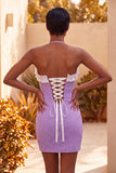 Halter Beaded Light Purple Bodycon Ruffled Cocktail Dress with Lace Up Back