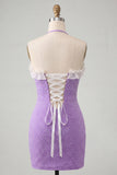 Halter Beaded Light Purple Bodycon Ruffled Cocktail Dress with Lace Up Back