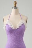 Halter Beaded Light Purple Bodycon Ruffled Cocktail Dress with Lace Up Back