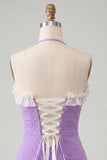 Halter Beaded Light Purple Bodycon Ruffled Cocktail Dress with Lace Up Back