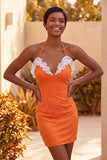 Halter Beaded Light Purple Bodycon Ruffled Cocktail Dress with Lace Up Back