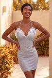 Halter Beaded Light Purple Bodycon Ruffled Cocktail Dress with Lace Up Back