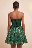 Dark Green A-Line Sweetheart Lace Up Back Short Party Dress with Sequins