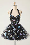 Black Halter Corset Lace Up Back Short A-Line Cocktail Dress with 3D Butterfly