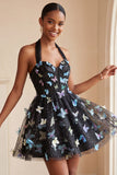 Black Halter Corset Lace Up Back Short A-Line Cocktail Dress with 3D Butterfly