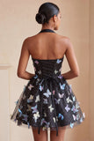 Black Halter Corset Lace Up Back Short A-Line Cocktail Dress with 3D Butterfly