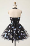 Black Halter Corset Lace Up Back Short A-Line Cocktail Dress with 3D Butterfly