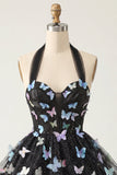 Black Halter Corset Lace Up Back Short A-Line Cocktail Dress with 3D Butterfly
