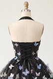 Black Halter Corset Lace Up Back Short A-Line Cocktail Dress with 3D Butterfly