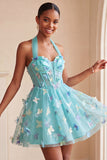 Black Halter Corset Lace Up Back Short A-Line Cocktail Dress with 3D Butterfly