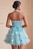 Black Halter Corset Lace Up Back Short A-Line Cocktail Dress with 3D Butterfly