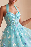 Black Halter Corset Lace Up Back Short A-Line Cocktail Dress with 3D Butterfly