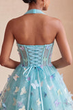 Black Halter Corset Lace Up Back Short A-Line Cocktail Dress with 3D Butterfly
