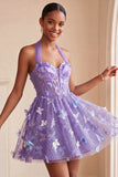 Black Halter Corset Lace Up Back Short A-Line Cocktail Dress with 3D Butterfly