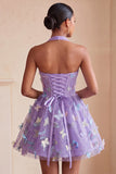 Black Halter Corset Lace Up Back Short A-Line Cocktail Dress with 3D Butterfly