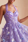 Black Halter Corset Lace Up Back Short A-Line Cocktail Dress with 3D Butterfly