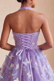 Black Halter Corset Lace Up Back Short A-Line Cocktail Dress with 3D Butterfly