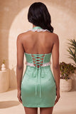 Purple Bodycon Halter Beaded Mini Cocktail Dress with Lace Up Back