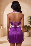 Purple Bodycon Halter Beaded Mini Cocktail Dress with Lace Up Back